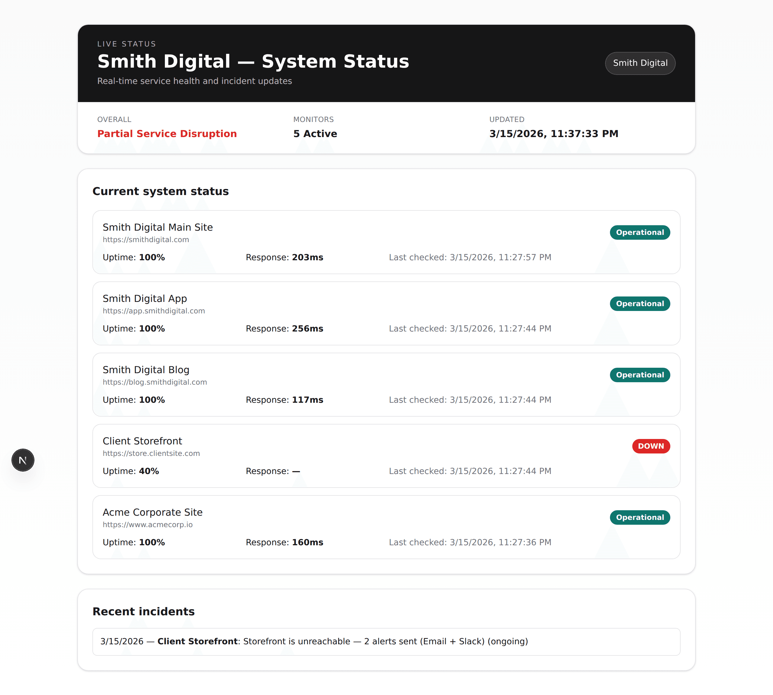 Branded Pinger status page showing incident updates for a client site